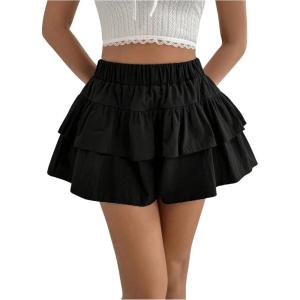 imageOYOANGLE Womens High Waist Tiered Layer Skirt Shorts Ruffle Hem A Line Mini SkortsBlack