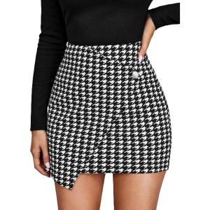 imageOYOANGLE Womens High Waist Work Houndstooth Print Asymmetrical Button Elegant Bodycon Mini Short SkirtsBlack and White
