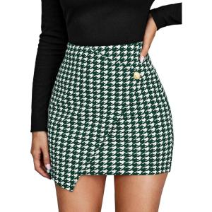 imageOYOANGLE Womens High Waist Work Houndstooth Print Asymmetrical Button Elegant Bodycon Mini Short SkirtsGreen