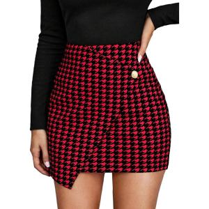 imageOYOANGLE Womens High Waist Work Houndstooth Print Asymmetrical Button Elegant Bodycon Mini Short SkirtsRed and Black
