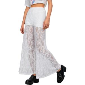 imageOYOANGLE Womens Lace Sheer Elastic Waist Wide Leg Pants See Through Long Trousers Party ClubwearWhite