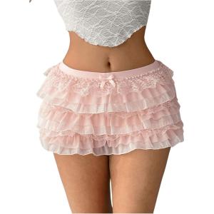 imageOYOANGLE Womens Lace Trim Ruffle Shorts Cute Elastic Low Waist Pumpkin Pants Bow Layered Y2K PettipantsPink