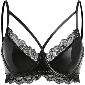 imageOYOANGLE Womens Leather Lace Trim Underwire Bra Lingerie Cut Out Strappy Push Up Goth BraletteBlack
