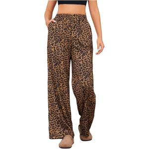 imageOYOANGLE Womens Leopard Print Elastic High Waist Long Pants Cheetah Printed Wide Leg Loose Trousers with PocketsBrown Black
