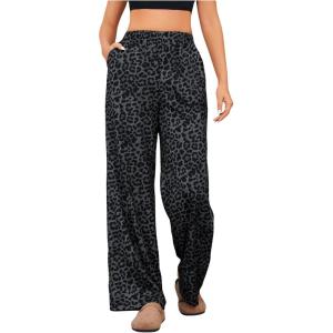 imageOYOANGLE Womens Leopard Print Elastic High Waist Long Pants Cheetah Printed Wide Leg Loose Trousers with PocketsDark Grey