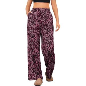 imageOYOANGLE Womens Leopard Print Elastic High Waist Long Pants Cheetah Printed Wide Leg Loose Trousers with PocketsHot Pink
