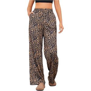 imageOYOANGLE Womens Leopard Print Elastic High Waist Long Pants Cheetah Printed Wide Leg Loose Trousers with PocketsKhaki