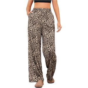 imageOYOANGLE Womens Leopard Print Elastic High Waist Long Pants Cheetah Printed Wide Leg Loose Trousers with PocketsLight Brown
