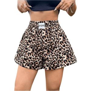 imageOYOANGLE Womens Leopard Print Elastic High Waist Shorts Loose Wide Leg Casual ShortsBrown