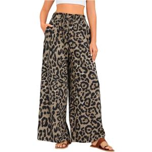 imageOYOANGLE Womens Leopard Print Elastic High Waist Wide Leg Pants Tie Front Pockets Loose Casual TrousersBrown Black