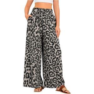 imageOYOANGLE Womens Leopard Print Elastic High Waist Wide Leg Pants Tie Front Pockets Loose Casual TrousersGrey