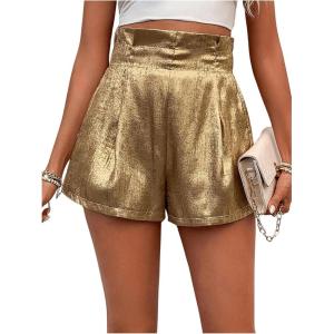 imageOYOANGLE Womens Metallic Sparkly Elastic High Waisted Shorts Party Straight Leg ShortsDeep Gold