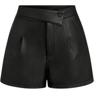 imageOYOANGLE Womens Minimalist Leather Button Pleated Shorts Zipper High Waisted Straight Leg Casual ShortsBlack