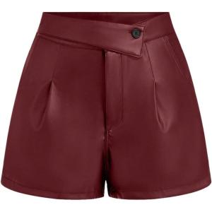 imageOYOANGLE Womens Minimalist Leather Button Pleated Shorts Zipper High Waisted Straight Leg Casual ShortsBurgundy