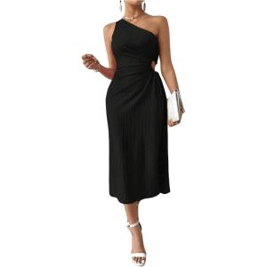 imageOYOANGLE Womens One Shoulder Sleeveless Dress Twist Cut Out Split Thigh Midi DressesBlack