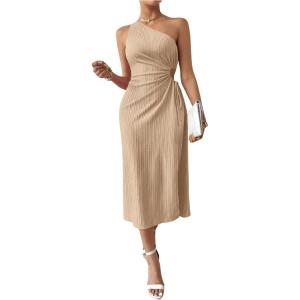 imageOYOANGLE Womens One Shoulder Sleeveless Dress Twist Cut Out Split Thigh Midi DressesKhaki