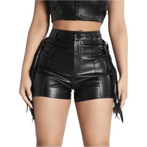 imageOYOANGLE Womens PU Leather Elastic High Waist Fringe Shorts Party Skinny Straight Leg ShortsBlack