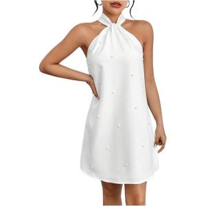 imageOYOANGLE Womens Pearl Decor Halter Neck Sleeveless Dress Tie Back Solid Elegant Short DressesWhite