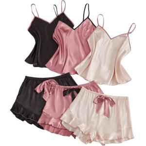 imageOYOANGLE Womens Plus Size 6 Pieces Satin Pajama Set V Neck Cami Top and Bow Shorts Pjs Summer SleepwearBlack Beige Pink