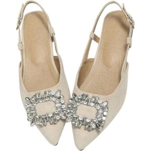 imageOYOANGLE Womens Rhinestone Decor Pointed Toe Slingback Flats Faux Suede Dress SandalsApricot