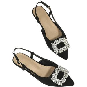 imageOYOANGLE Womens Rhinestone Decor Pointed Toe Slingback Flats Faux Suede Dress SandalsBlack