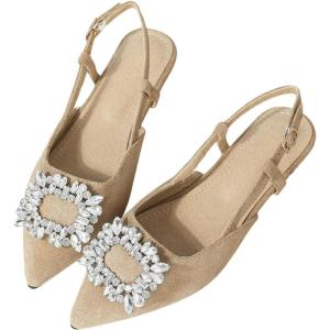 imageOYOANGLE Womens Rhinestone Decor Pointed Toe Slingback Flats Faux Suede Dress SandalsKhaki
