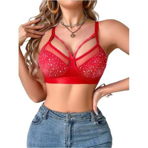 imageOYOANGLE Womens Rhinestone Sparkly Cut Out Bralette Bra Shiny Light Supports Comfy Wireless BrasRed