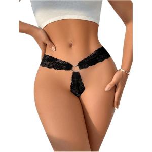imageOYOANGLE Womens Ring Linked Floral Lace Low Rise Thongs Comfortable Lingerie UnderwearBlack