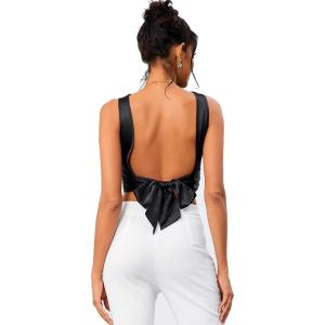 imageOYOANGLE Womens Satin Crop Top Bowknot Backless Sleeveless Ruched Party Blouse Going OutBlack