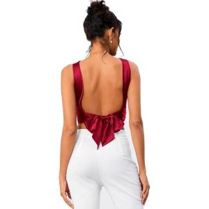 imageOYOANGLE Womens Satin Crop Top Bowknot Backless Sleeveless Ruched Party Blouse Going OutBurgundy