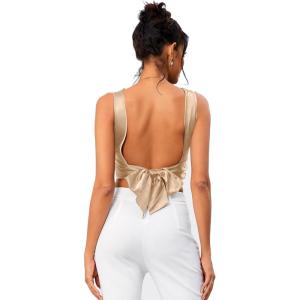 imageOYOANGLE Womens Satin Crop Top Bowknot Backless Sleeveless Ruched Party Blouse Going OutChampagne