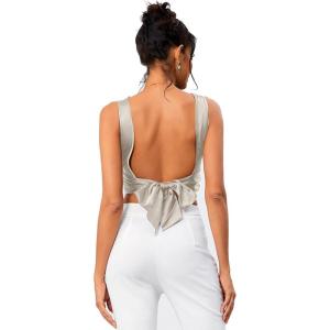 imageOYOANGLE Womens Satin Crop Top Bowknot Backless Sleeveless Ruched Party Blouse Going OutGrey