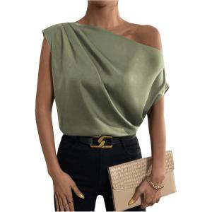 imageOYOANGLE Womens Satin Off The Shoulder Short Sleeve Asymmetrical Neck Ruched Work Office Blouse TopArmy Green