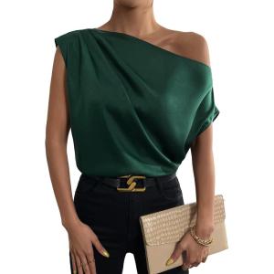 imageOYOANGLE Womens Satin Off The Shoulder Short Sleeve Asymmetrical Neck Ruched Work Office Blouse TopDark Green