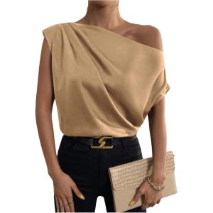 imageOYOANGLE Womens Satin Off The Shoulder Short Sleeve Asymmetrical Neck Ruched Work Office Blouse TopDark Khaki