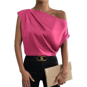 imageOYOANGLE Womens Satin Off The Shoulder Short Sleeve Asymmetrical Neck Ruched Work Office Blouse TopHot Pink