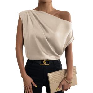 imageOYOANGLE Womens Satin Off The Shoulder Short Sleeve Asymmetrical Neck Ruched Work Office Blouse TopKhaki