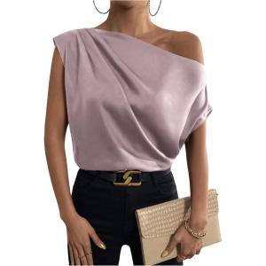 imageOYOANGLE Womens Satin Off The Shoulder Short Sleeve Asymmetrical Neck Ruched Work Office Blouse TopMauve Purple