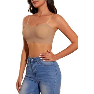 imageOYOANGLE Womens Scallop Trim Strapless Bandeau Bra Non Slip Padded Wireless Bralettes with Clear StrapsApricot