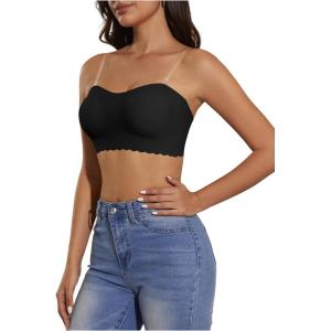 imageOYOANGLE Womens Scallop Trim Strapless Bandeau Bra Non Slip Padded Wireless Bralettes with Clear StrapsBlack