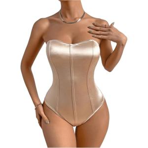 imageOYOANGLE Womens Silk Satin Bodysuit Sleeveless Strapless Tube Backless Solid Plain Slim Fit Bodysuit TopsApricot