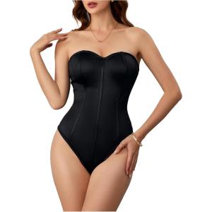 imageOYOANGLE Womens Silk Satin Bodysuit Sleeveless Strapless Tube Backless Solid Plain Slim Fit Bodysuit TopsBlack