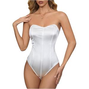 imageOYOANGLE Womens Silk Satin Bodysuit Sleeveless Strapless Tube Backless Solid Plain Slim Fit Bodysuit TopsWhite