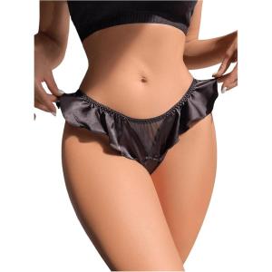 imageOYOANGLE Womens Silk Stain Ruffle Trim Thong Panties Low Rise No Show UnderwearBlack