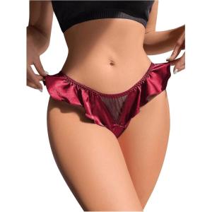 imageOYOANGLE Womens Silk Stain Ruffle Trim Thong Panties Low Rise No Show UnderwearBurgundy