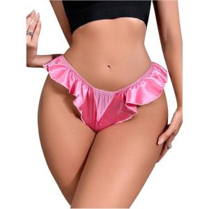imageOYOANGLE Womens Silk Stain Ruffle Trim Thong Panties Low Rise No Show UnderwearHot Pink