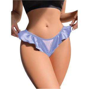 imageOYOANGLE Womens Silk Stain Ruffle Trim Thong Panties Low Rise No Show UnderwearLight Blue
