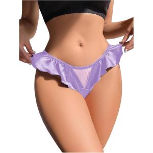 imageOYOANGLE Womens Silk Stain Ruffle Trim Thong Panties Low Rise No Show UnderwearMauve Purple