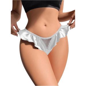 imageOYOANGLE Womens Silk Stain Ruffle Trim Thong Panties Low Rise No Show UnderwearWhite
