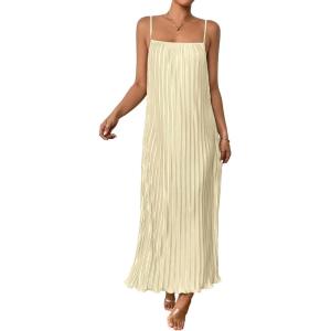 imageOYOANGLE Womens Sleeveless Spaghetti Strap Pleated Straight Flowy Long Maxi Cami DressApricot
